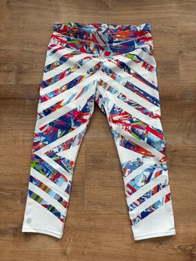 Athleta White Leggings with Multicolor Geometric Stripe Print